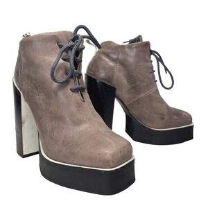 WOOD WOOD EUROPE Platform Lace Up Ankle Boots Grey Leather Chunky Heel Size 38